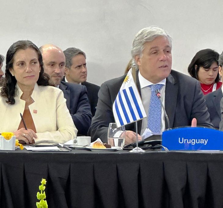 El canciller, Francisco Bustillo, y la ministra del MEF, Azucena Arbeleche, durante la cumbre del Mercosur.