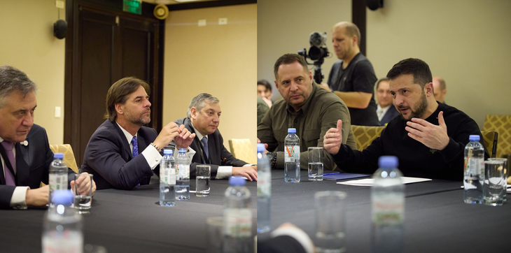 El presidente uruguayo Luis Lacalle Pou y el mandatario ucraniano Volodimir Zelensky.